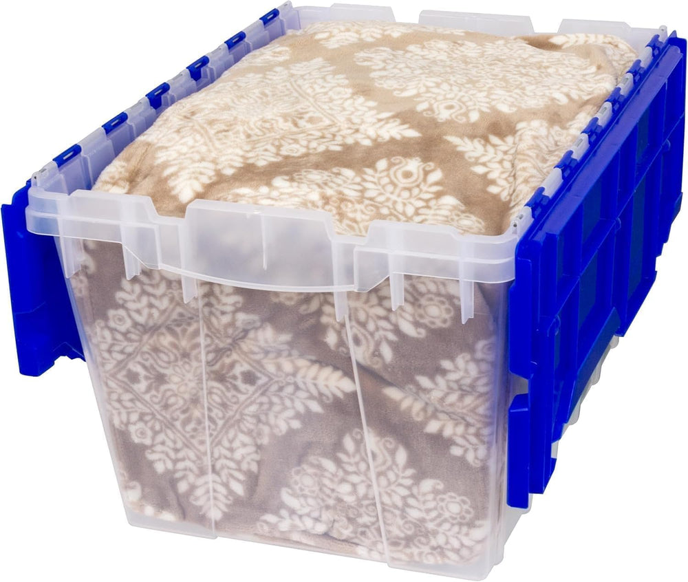 Akro-Mils KeepBox 12 Gallon Stackable Attached-Lid Storage Bin, Clear/Blue