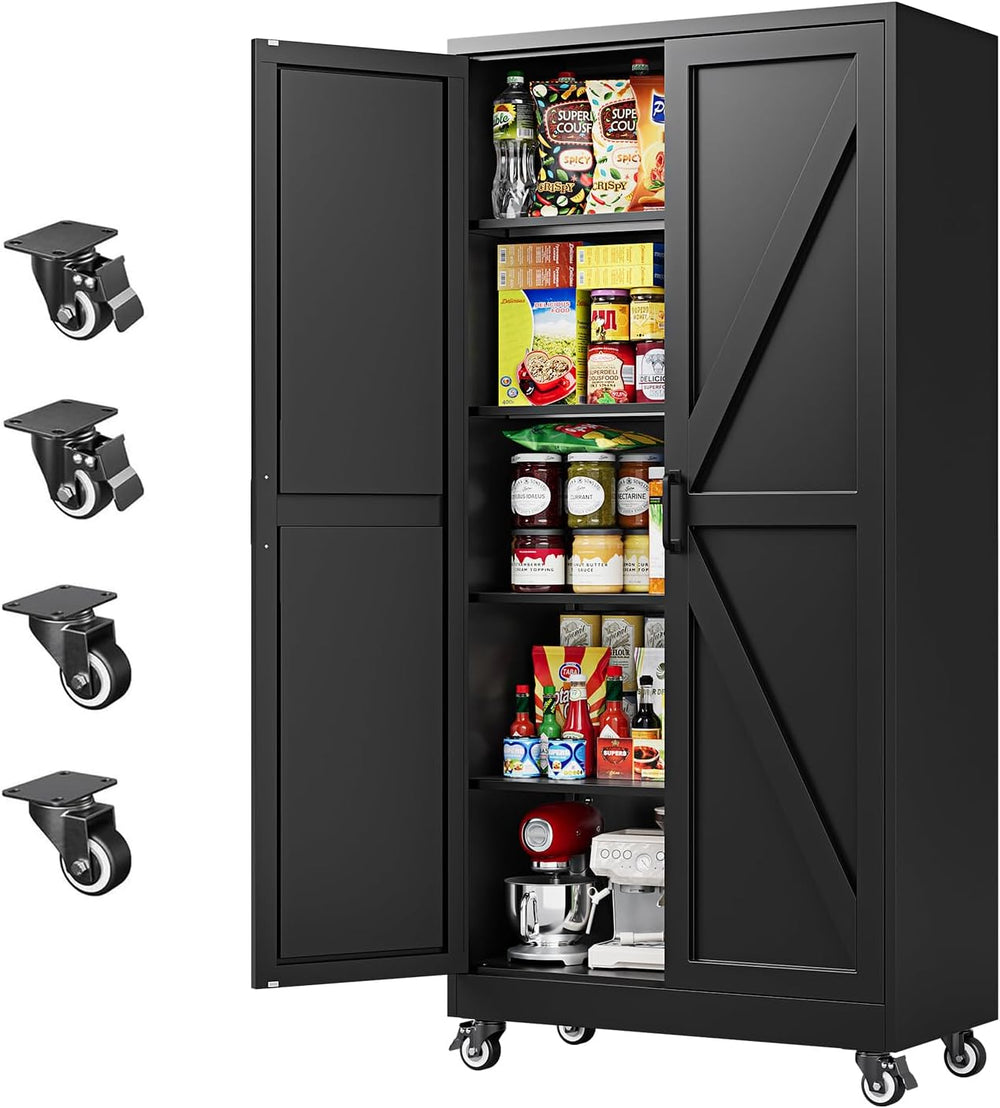 Letaya 75" Metal Garage Storage Cabinet with Wheels,Black Kitchen Pantry