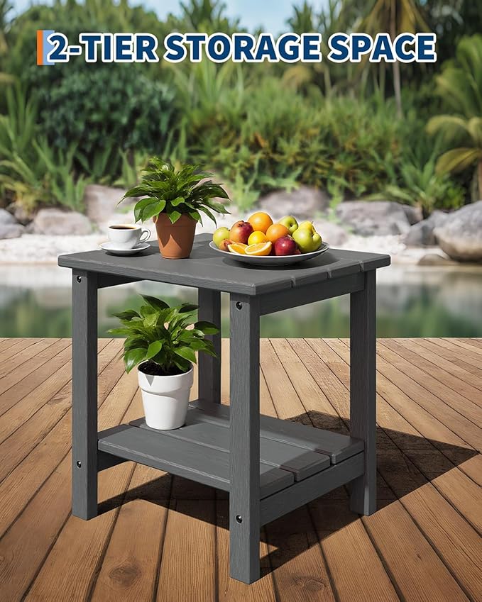 GarveeLife Outdoor Side Table 2-Tier, 18 in HDPE All Weather Resistant Patio ...