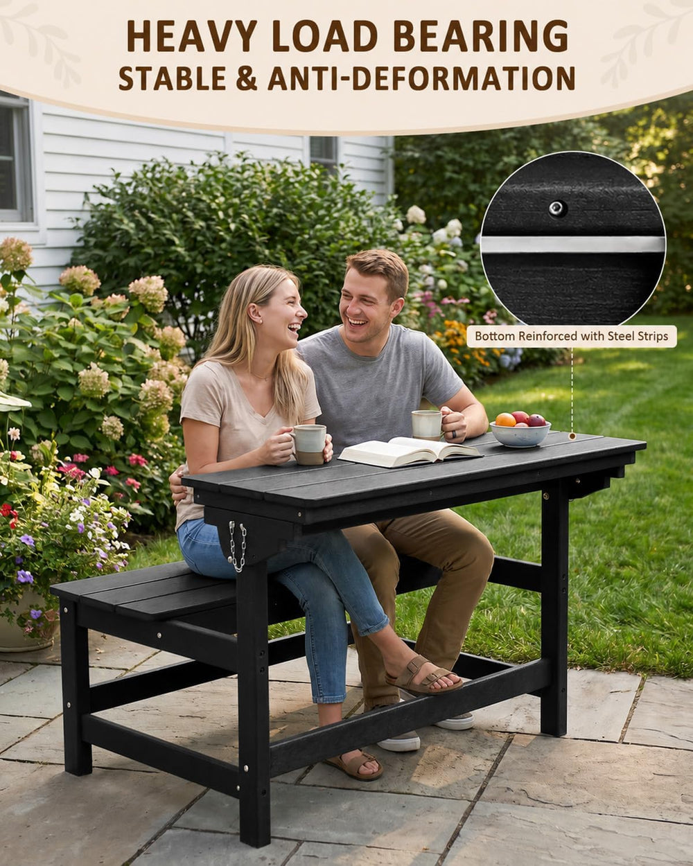 2 in-1 Outdoor Bench, HDPE 2 Person Outside Bench Weatherproof, Black