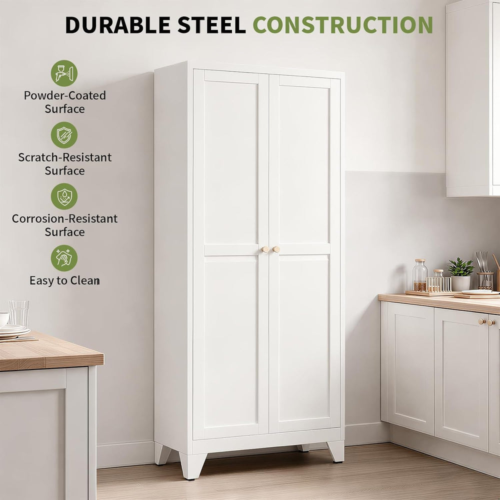 75" White Metal Pantry Cabinet with Doors & 5 Adjustable Shelves