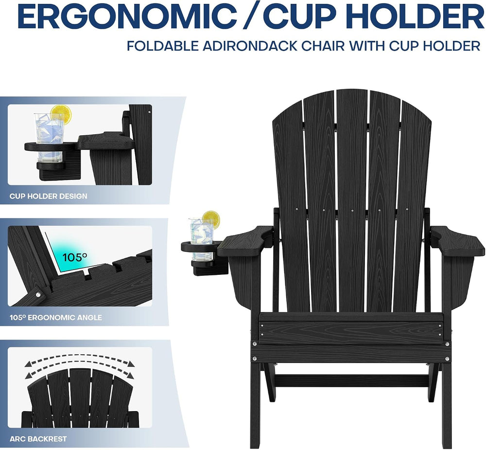 HDPE Folding Adirondack Chair with Cup Holders, Black