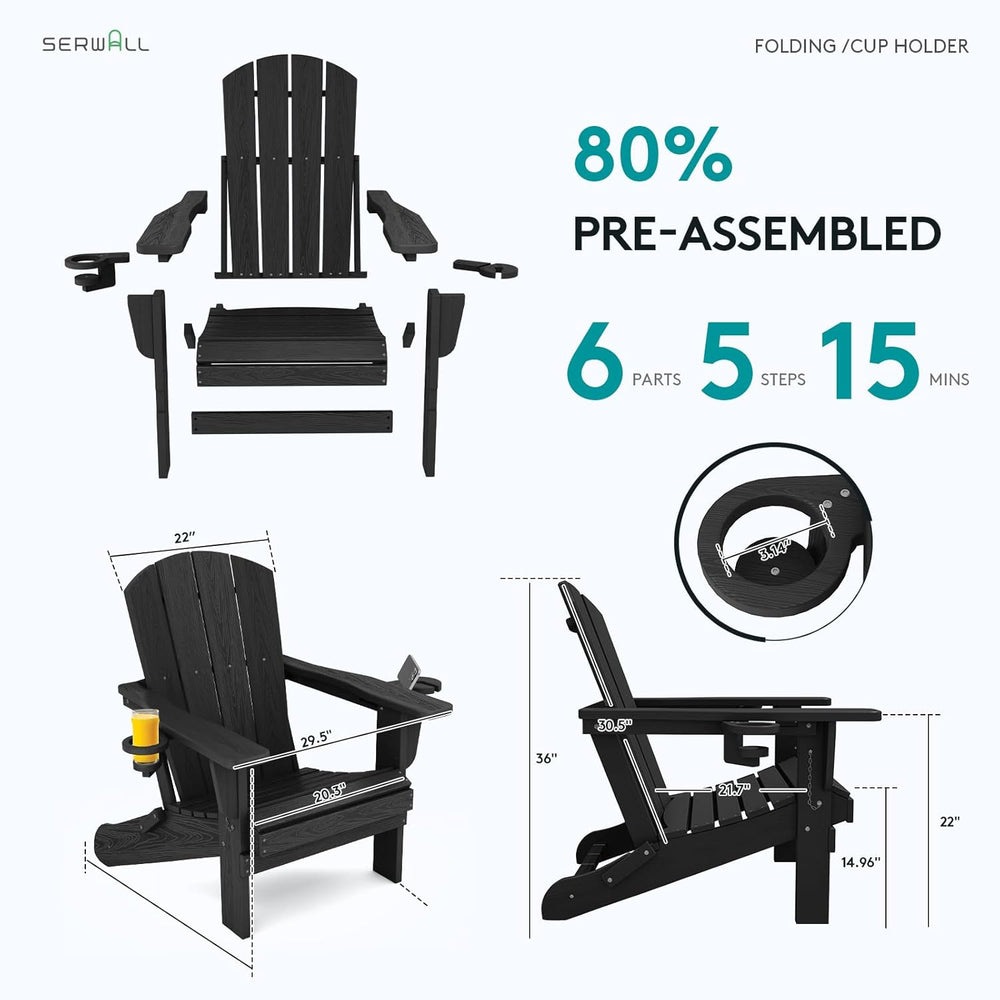 SERWALL Outdoor Adirondack Chair Set of 6 with Cup Holders,Foldable,Black