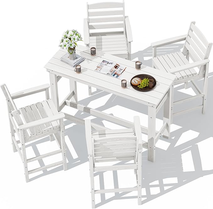SERWALL Outdoor Bar Set - 4 Adirondack Bar Chairs & Bar Height Table with...