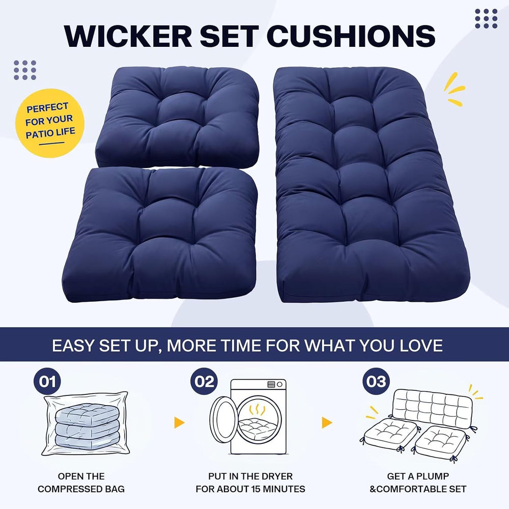 3 Pcs Waterproof Wicker Chair Cushions Thick Seat Pad for Outdoor Furniture