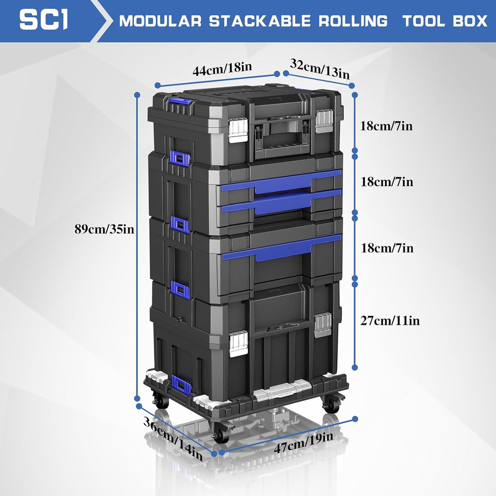 AIRAJ 4 Tier Stackable Rolling Tool Box with Wheels, 18” Tool Box Organizer