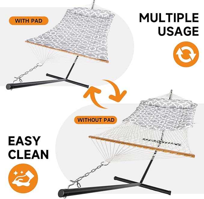 2 Person Outdoor Hammock with Stand, Cotton Rope Hammock with Polyester Pad, ...