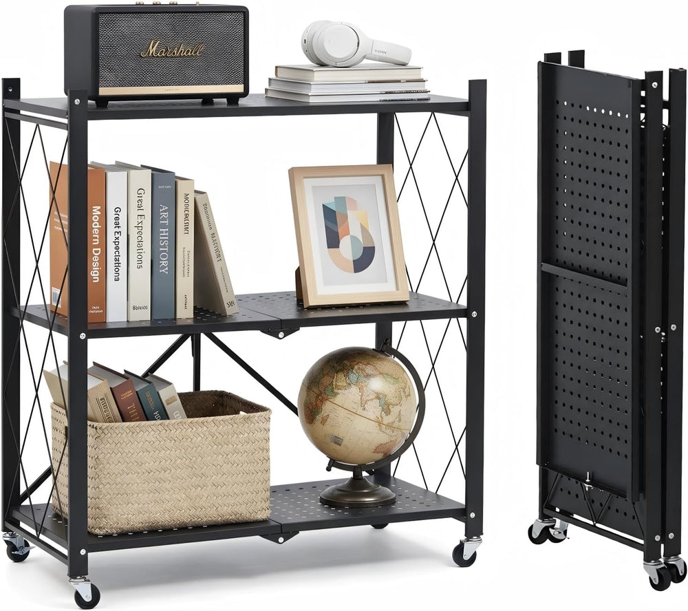 3 Tier Foldable Storage Shelves with Wheels, Metal Collapsible Organization S...