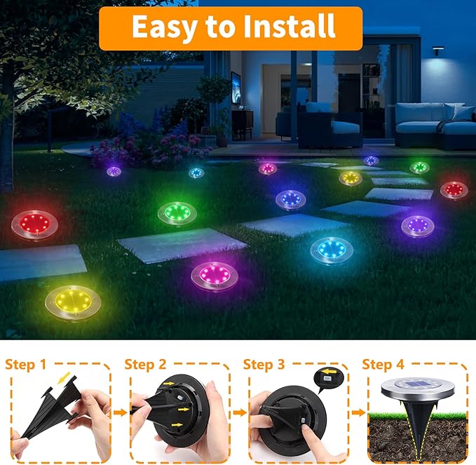 LYHOPE Solar Ground Light Outdoor, 16 Pack 8 LED Color Changing Solar Disk Li...