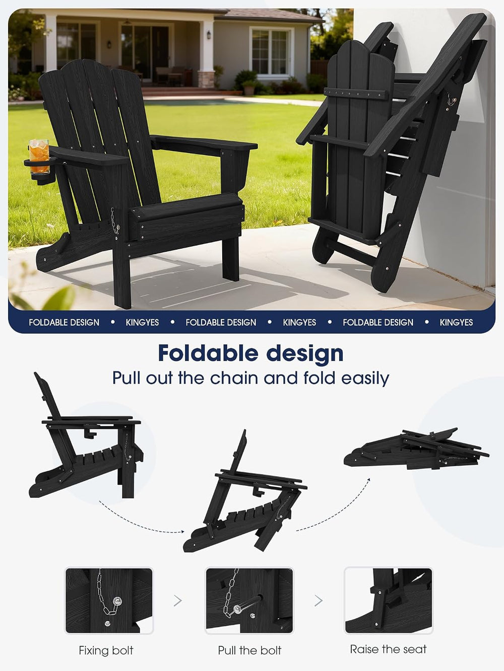 KINGYES Folding Adirondack Chair Set of 2 with Cup Holder, Black