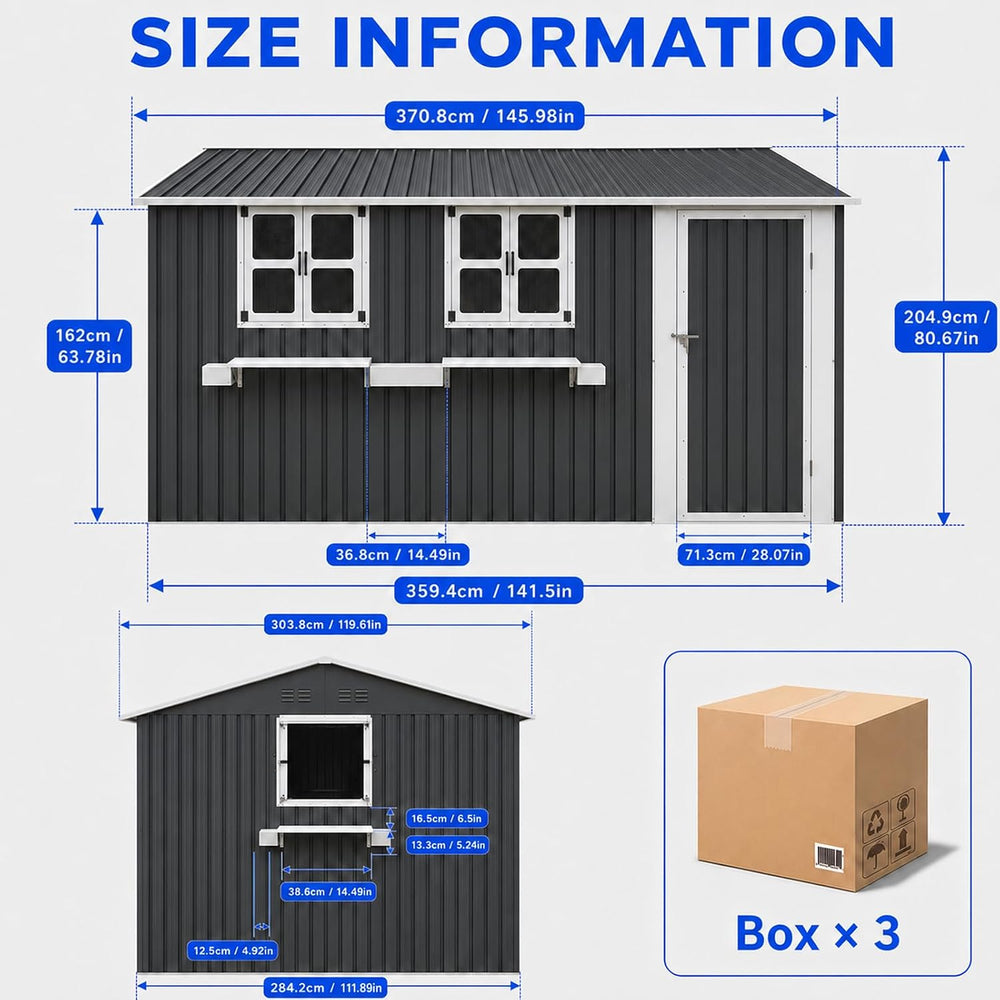 12x10 FT Outdoor Storage Shed with 3 Clear Windows, Metal Garden Shed with Fl...