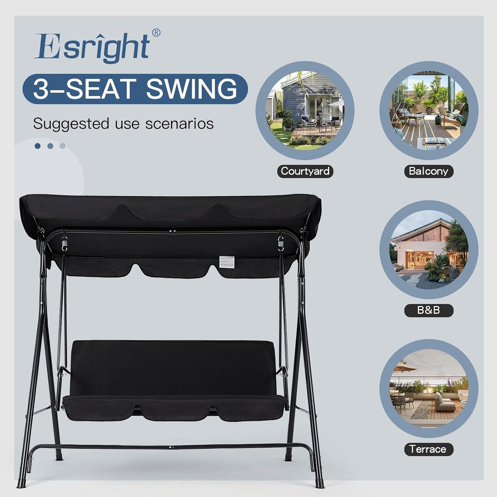 Esright 3-Seat Outdoor Porch Swing Chair with Adjustable Canopy, Balck