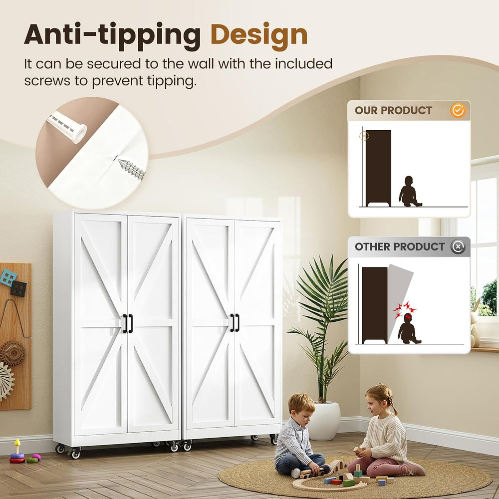 Yizosh 75" White Metal Pantry Cabinets,Garage Storage Cabinet with Wheels