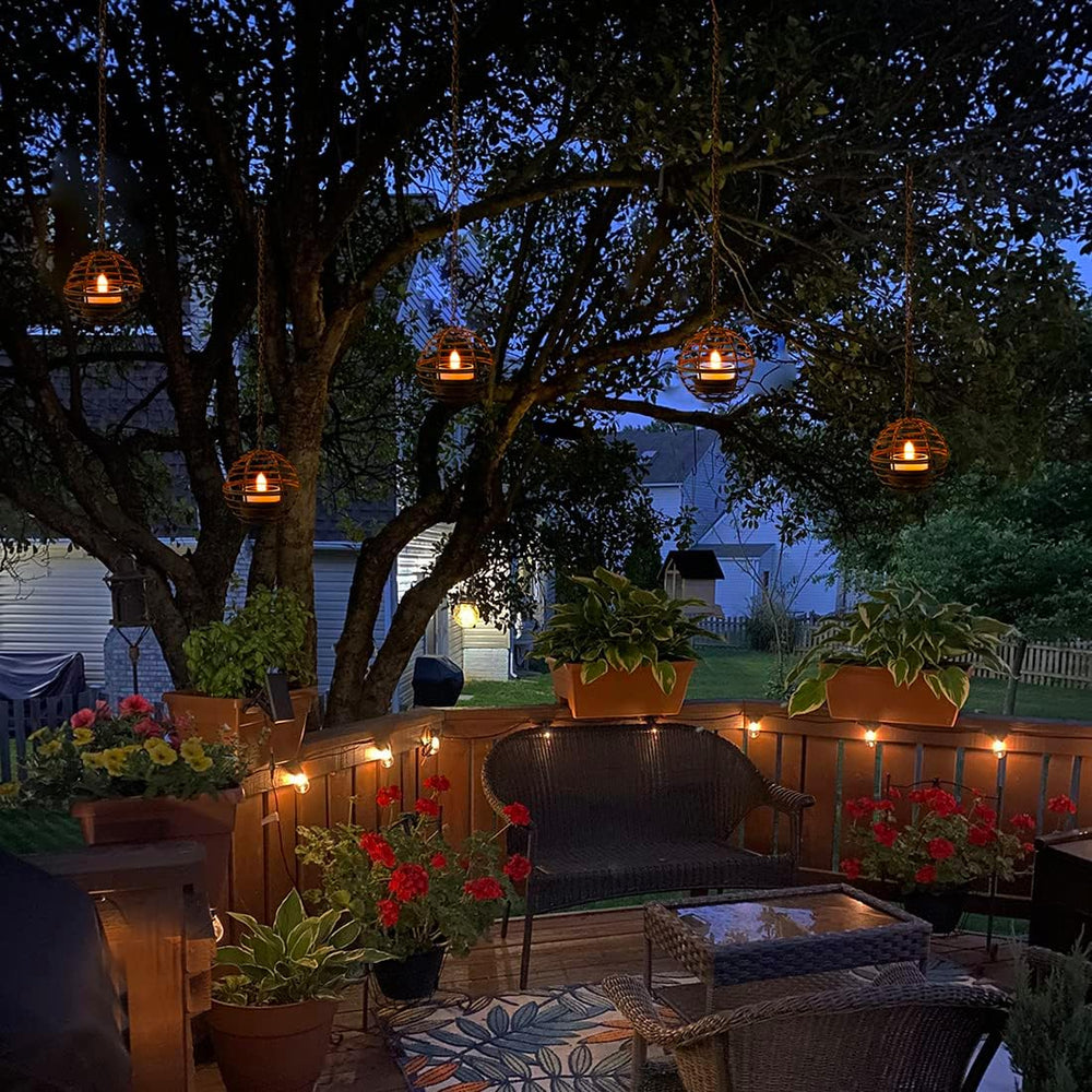 Solar Hanging Lanterns Outdoor Waterproof, Rust Iron Ball Candle Holder with ...