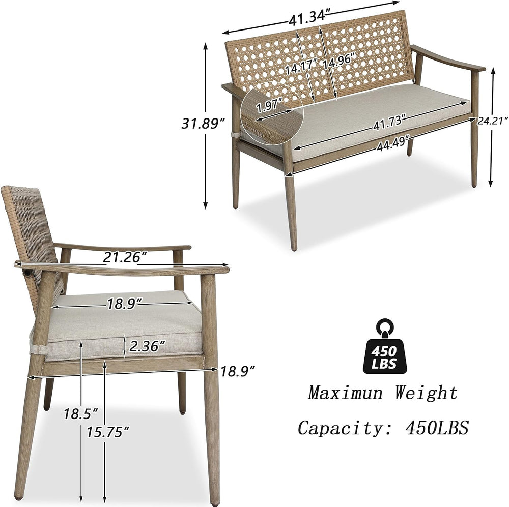 NOBLEMOOD Outdoor Patio Bench with Wicker Backrest,Cushion & Aluminum Frame