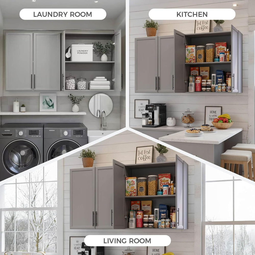 60"W Grey Laundry Room Wall Mounted Cabinets with Adjustable Shelf