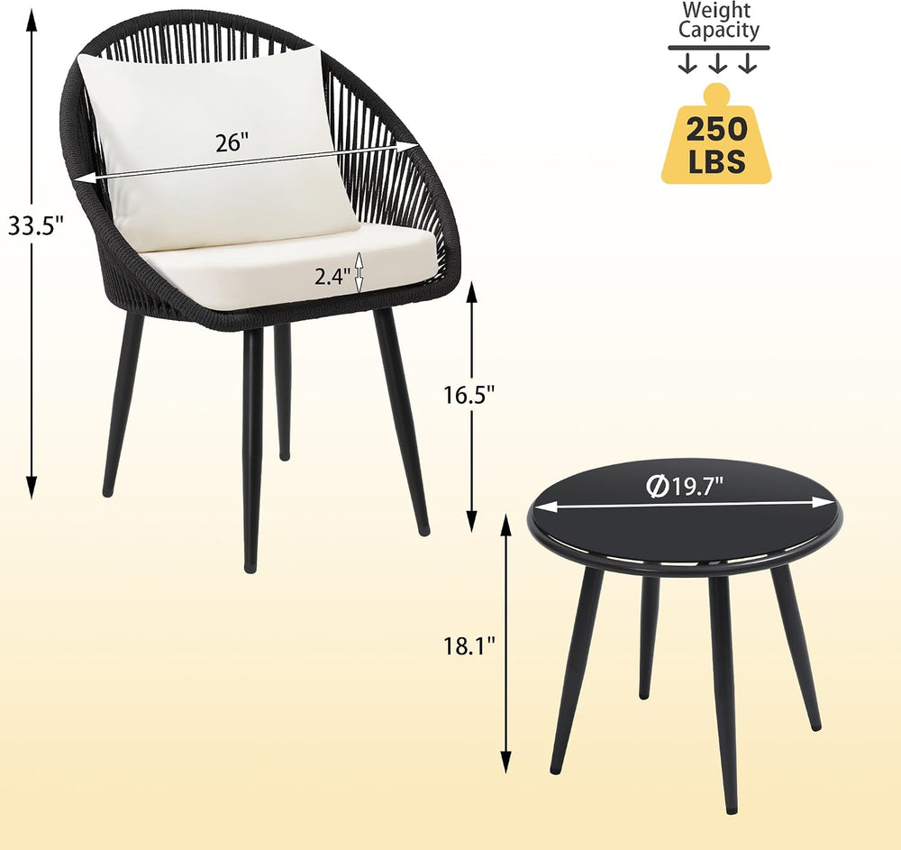 wildformers 3-Piece Bistro Set, Woven Rope Chair with Cushions, Black