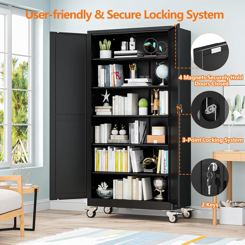 78.74" Tall Metal Garage Storage Cabinet with Wheels, Black