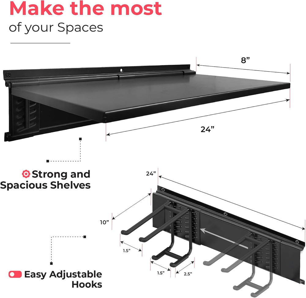 Garage Tool Organizer Wall Mount 96", 2 Shelves & 6 Double Hooks