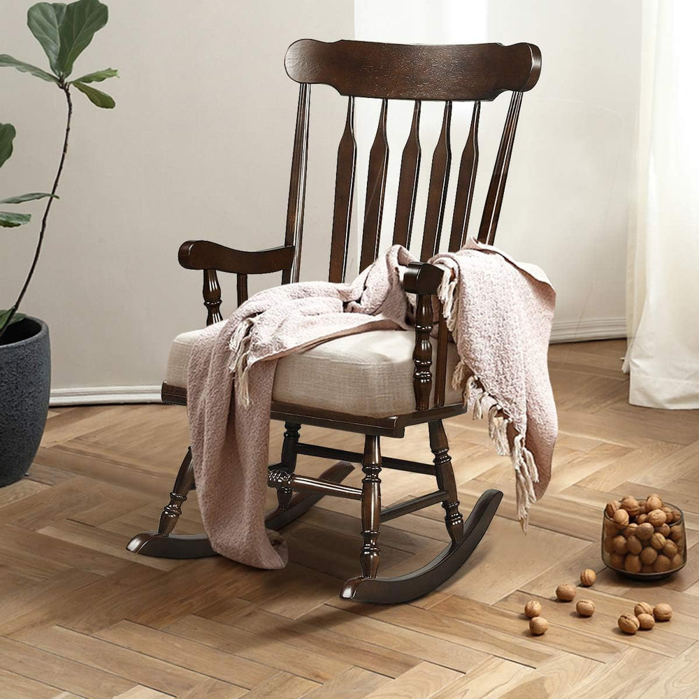 GIANTEX Indoor & Outdoor Wood Rocking Chair, Patio Rocking Chair, Dark Co...