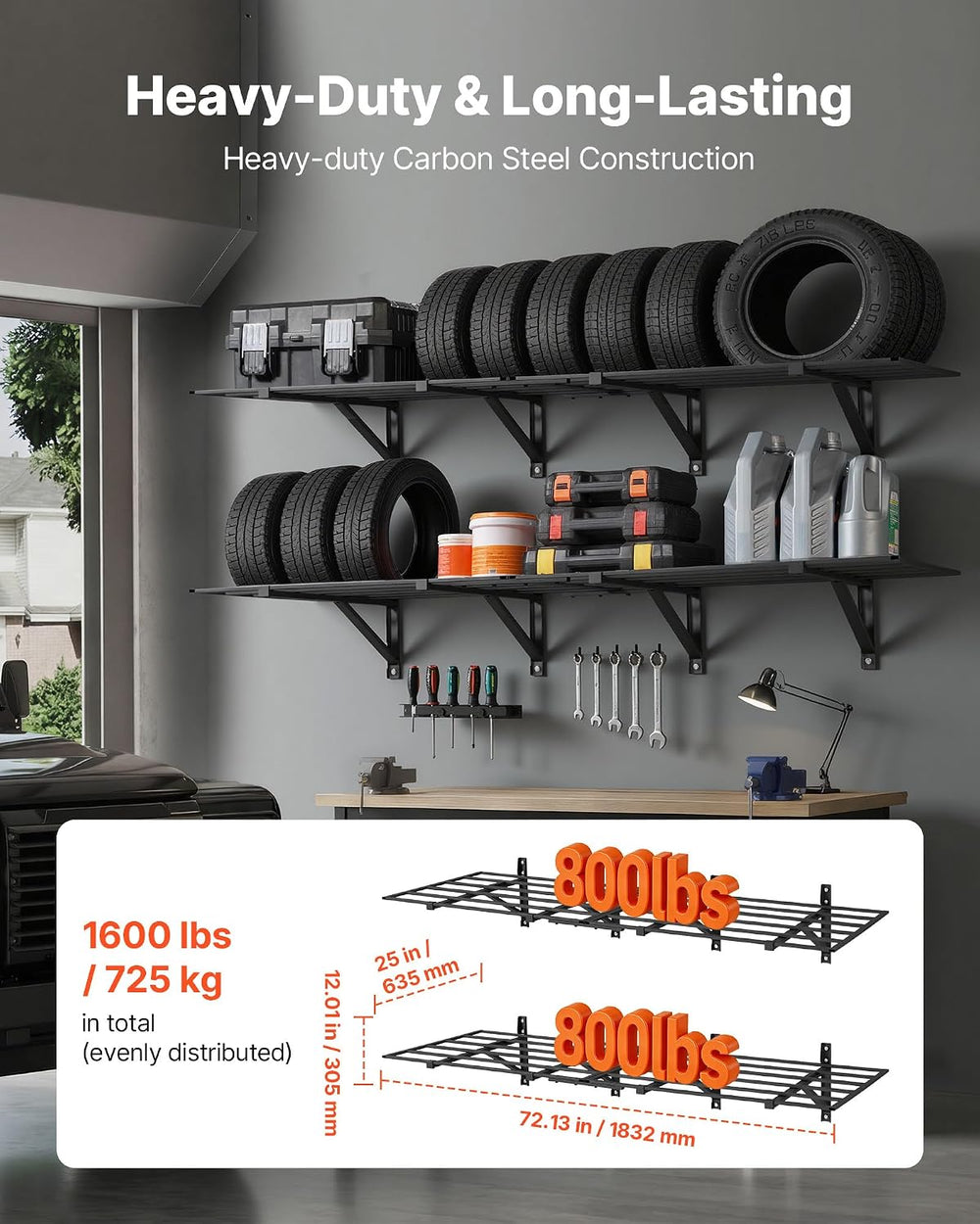 VEVOR 2-Tier Heavy Duty Wall Garage Shelving, 4 Pack 2 x 3 ft Steel Wall Moun...