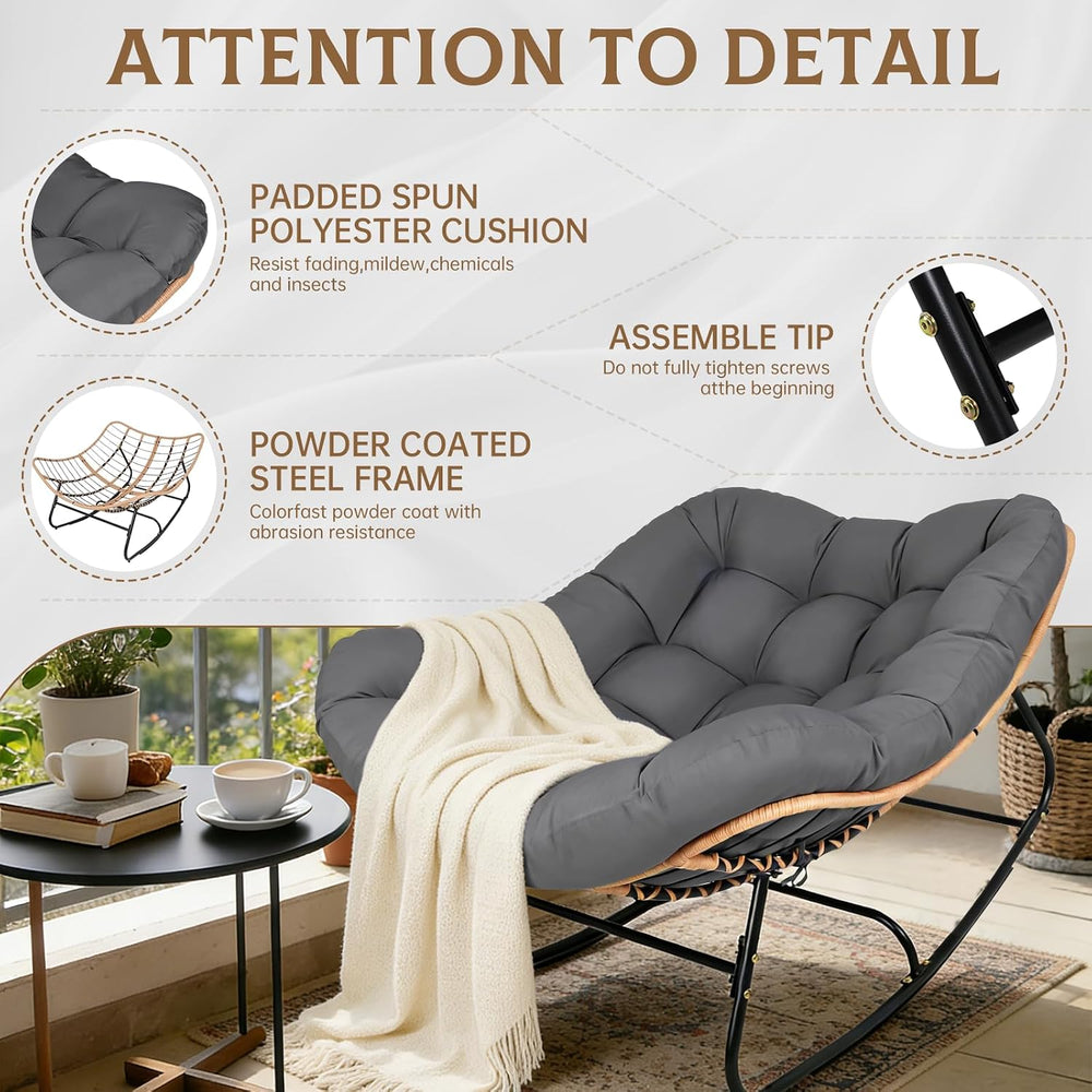 Oversized Wicker Rocking Chair Indoor Outdoor, 450 LBS Heavy Duty Patio Papas...
