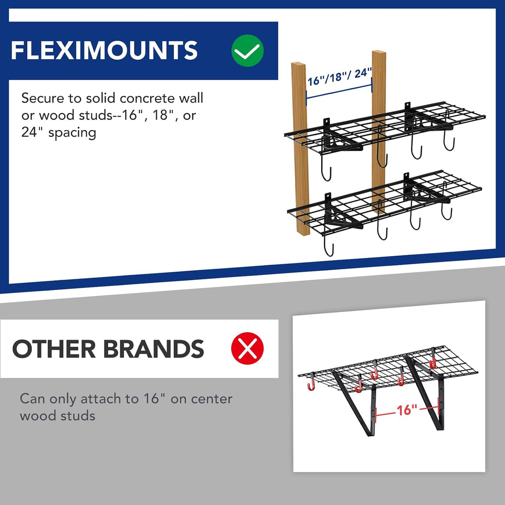 FLEXIMOUNTS 2-Pack 1x3 ft Garage Wall Shelving, Include 8 Bike Hooks, Black
