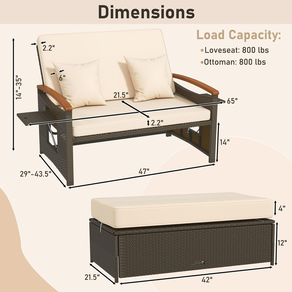 Moccha Outdoor Wicker Daybed, Patio Rattan Loveseat Sofa w/ 4-Level Adjustabl...