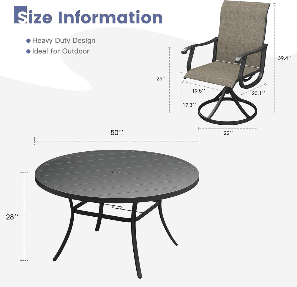 VICLLAX Patio Dining Set, Mixed Brown Swivel Chairs & 50" Black Table