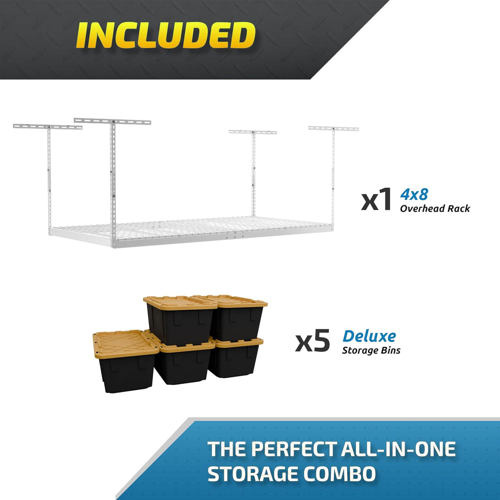 MonsterRAX 4x8 Rack and Bins Bundle | 4’ x 8’ Overhead Rack w/Storage Bins (W...