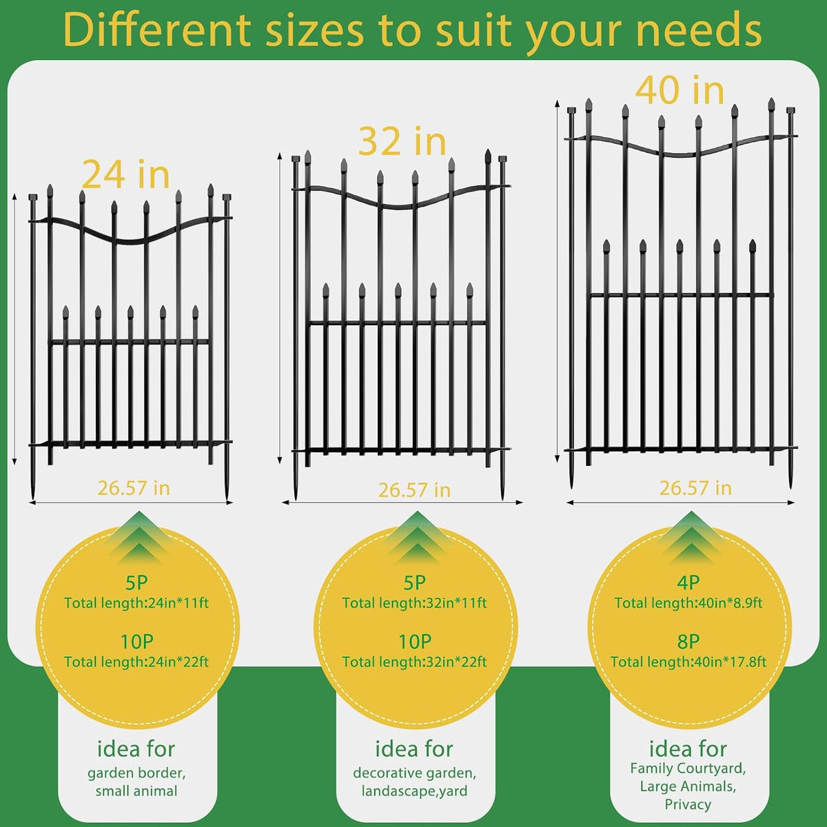 10 panels no dig decorative garden fence, 32in(h)×22ft(l) shown in use