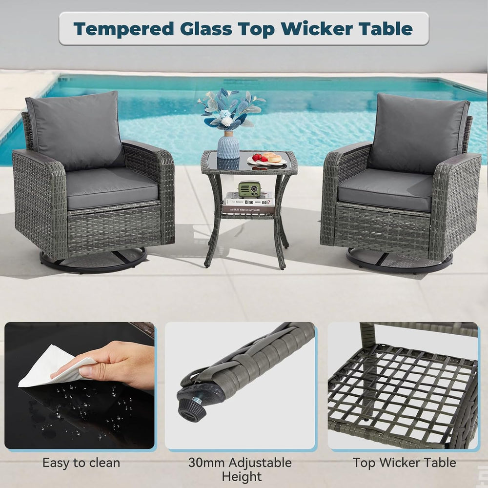 3 Piece Patio Set, Outdoor Swivel Chair, Wicker Patio Bistro Set with Side Ta...