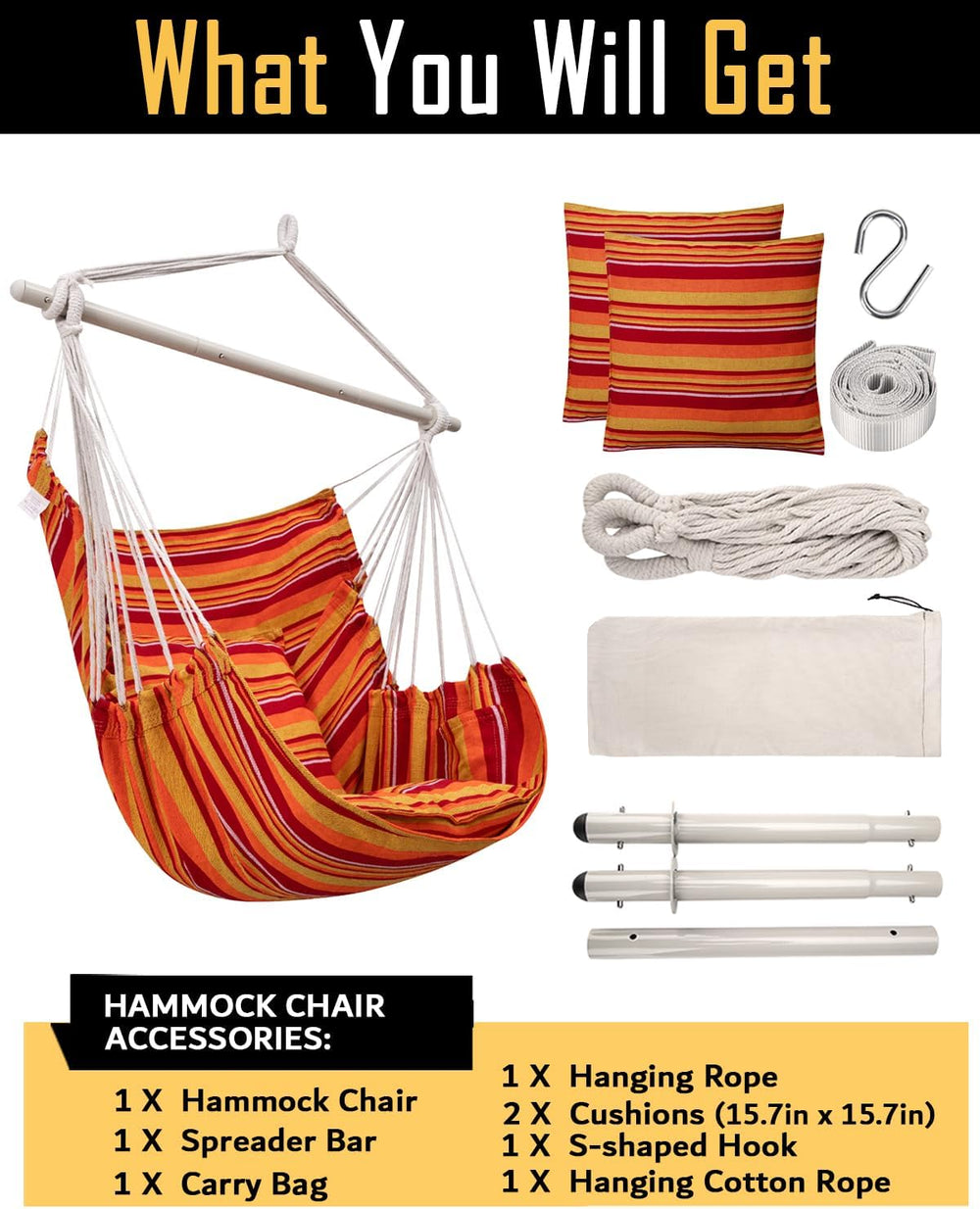 ADVOKAIR Hammock Chair Swing 500lbs Steel Bar 2 Cushions Multi Size