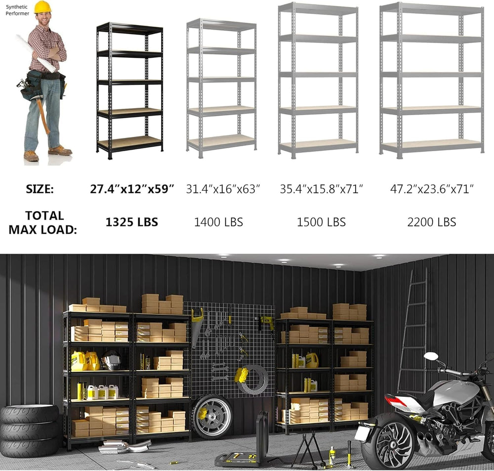 PrimeZone 5-Tier Garage Storage Shelves, Adjustable Metal Shelving, Black