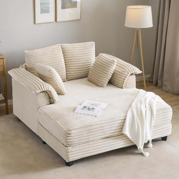 VINGLI 56" Oversized Chaise Lounge Chair, Beige Comfy Corduroy Chaise So...