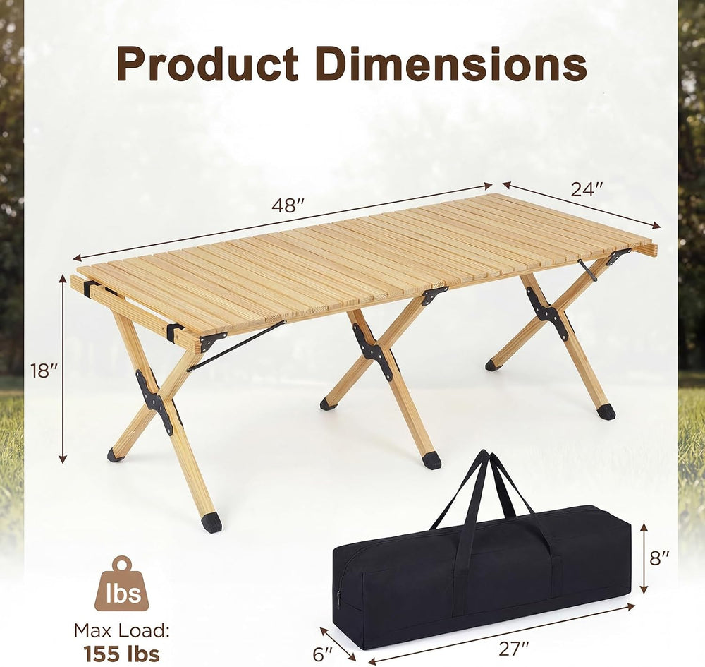 GYMAX 48 Inch Folding Camping Table, Roll-Up Pine Wood Picnic Table with Carr...