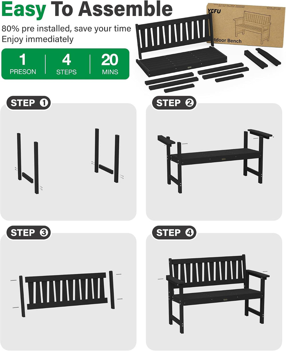 YEFU Outdoor Bench, 2-Person, Garden Bench, All-Weather, Set of 2, Black