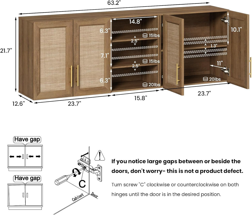 RUSTOWN 63.2" Rattan Laundry Room Cabinets, Large Wall Cabinet for Kitchen