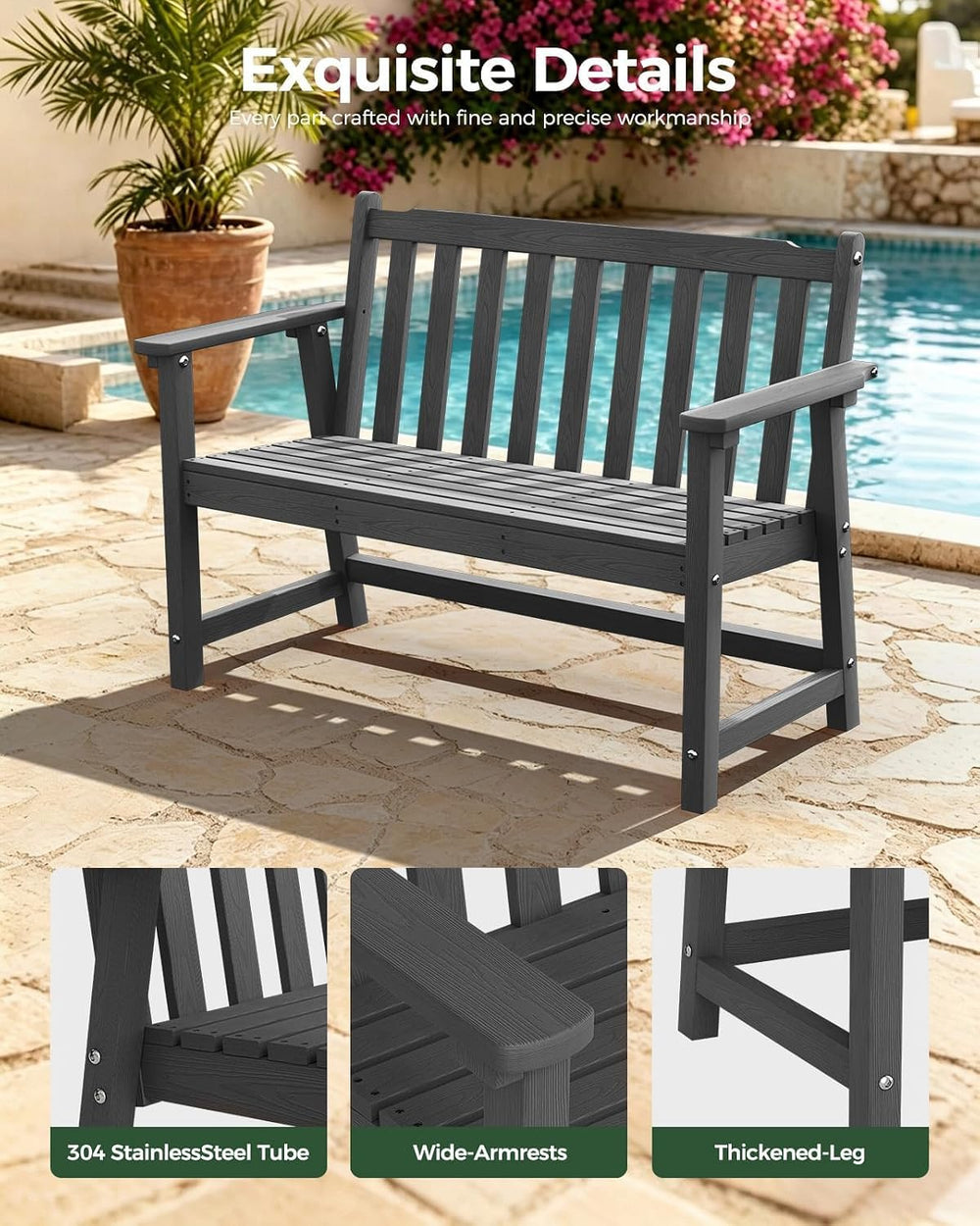 48" HDPE Weatherproof Outdoor Bench, Garden Porch Benches, Grey