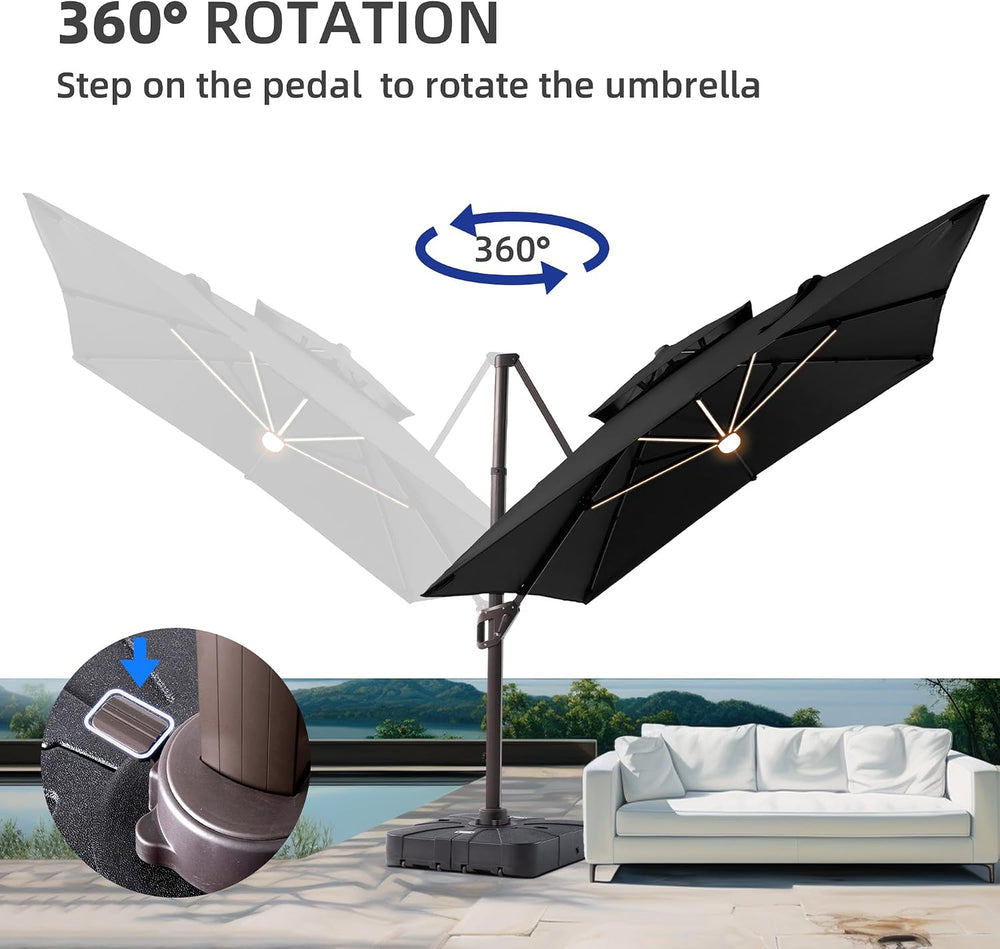 10 X 13 FT Cantilever Patio Umbrella with Base and Led Lights