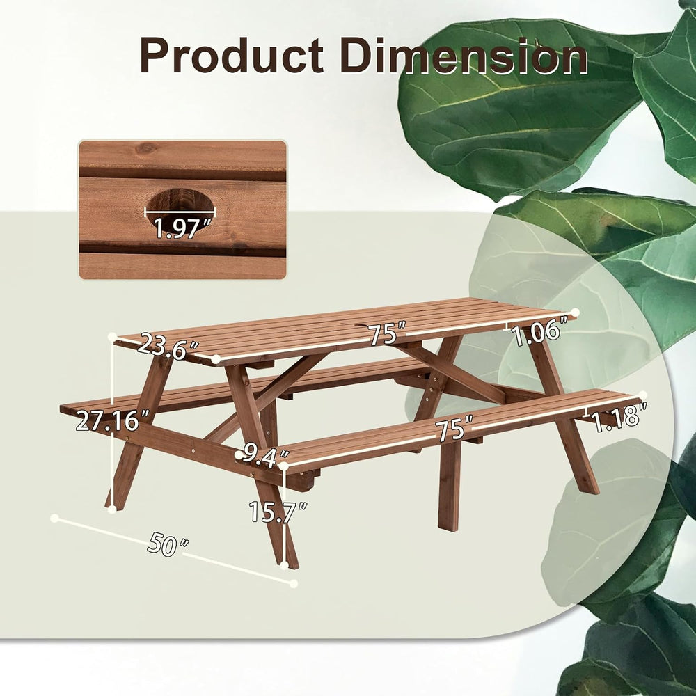 Outdoor Wooden Picnic Table with Benches and Umbrella Hole, Rustic Style Wood...