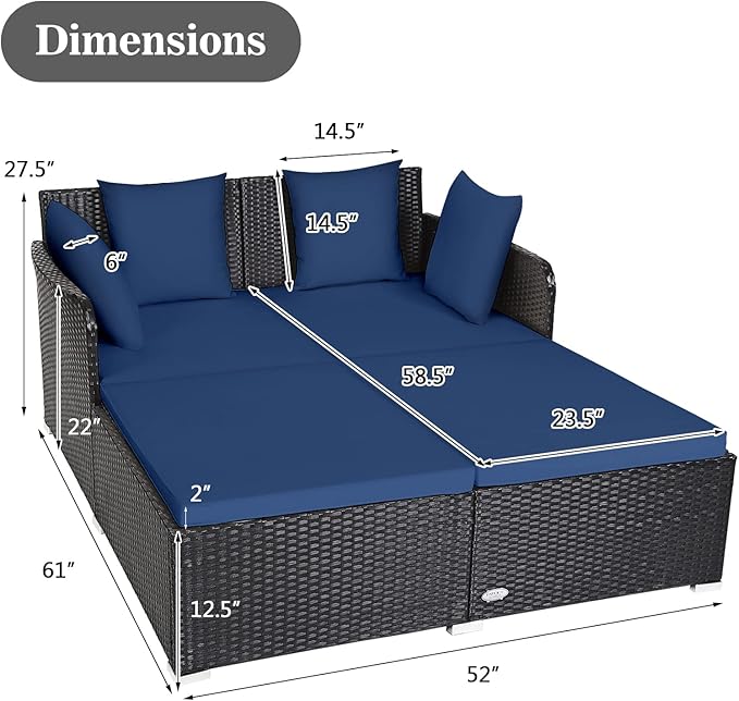 COSTWAY Outdoor Patio Rattan Daybed, Sponge Cushioned Loveseat Sofa with 4 Pi...