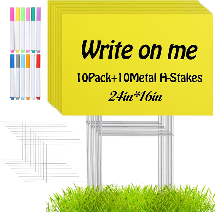 10 Pack 24x16 Inch Waterproof Corrugated Plastic Yard Signs with Stakes - Yellow Blank Outdoor Signs for Gardens, Parks, Garage Sales, Events & Commercial Advertising
