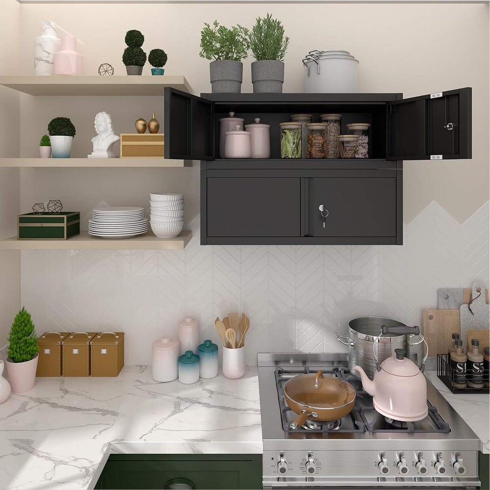 Garage Wall Cabinet, 31.5" W Metal Wall Mounted Storage Cabinet with Loc...