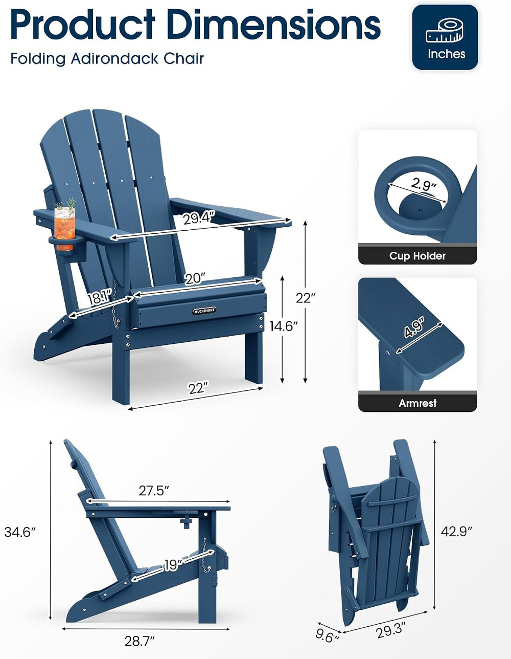 MUCHENGHY Folding Adirondack Chair HDPE for Fire Pit Outdoor, Navy Blue