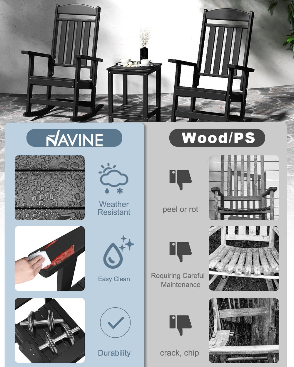 Outdoor Rocking Chairs Set of 2, High Back Rocker, HDPE, Black