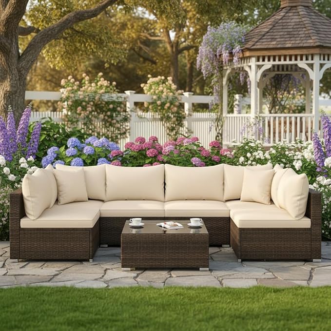 Tangkula 7 Pieces Wicker Patio Furniture Set, All-Weather Outdoor Rattan Sect...