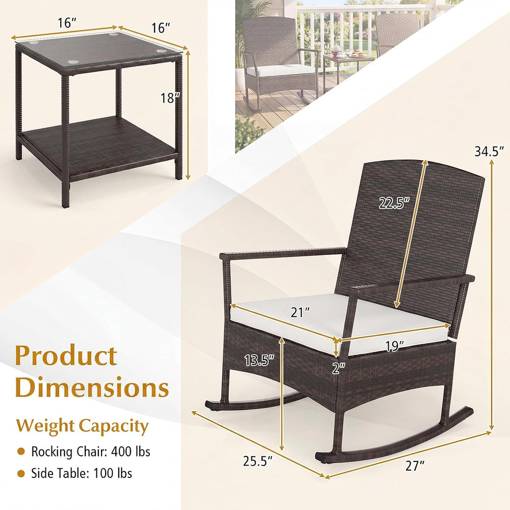 Tangkula 3 Pieces Rocking Wicker Bistro Set, Outdoor Front Porch Rocker Chair...