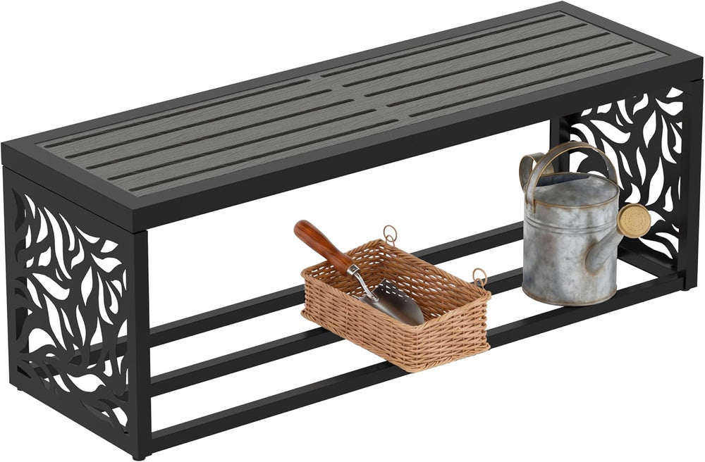 47" Outdoor Storage Bench, HDPE Seat, Steel Frame, Leaf