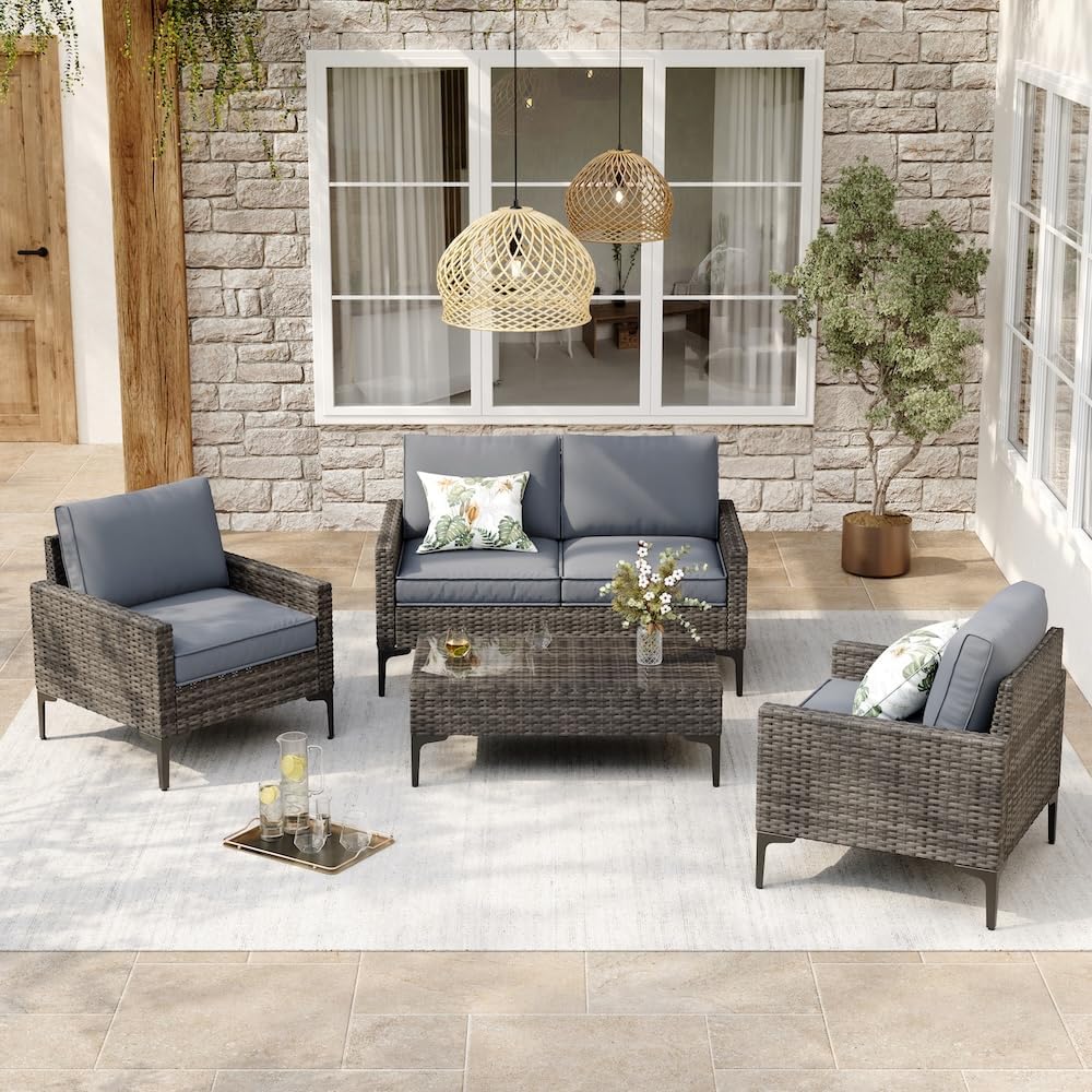 4-Piece Patio Furniture Set,Outdoor Wicker Patio Conversation Set with Temper...